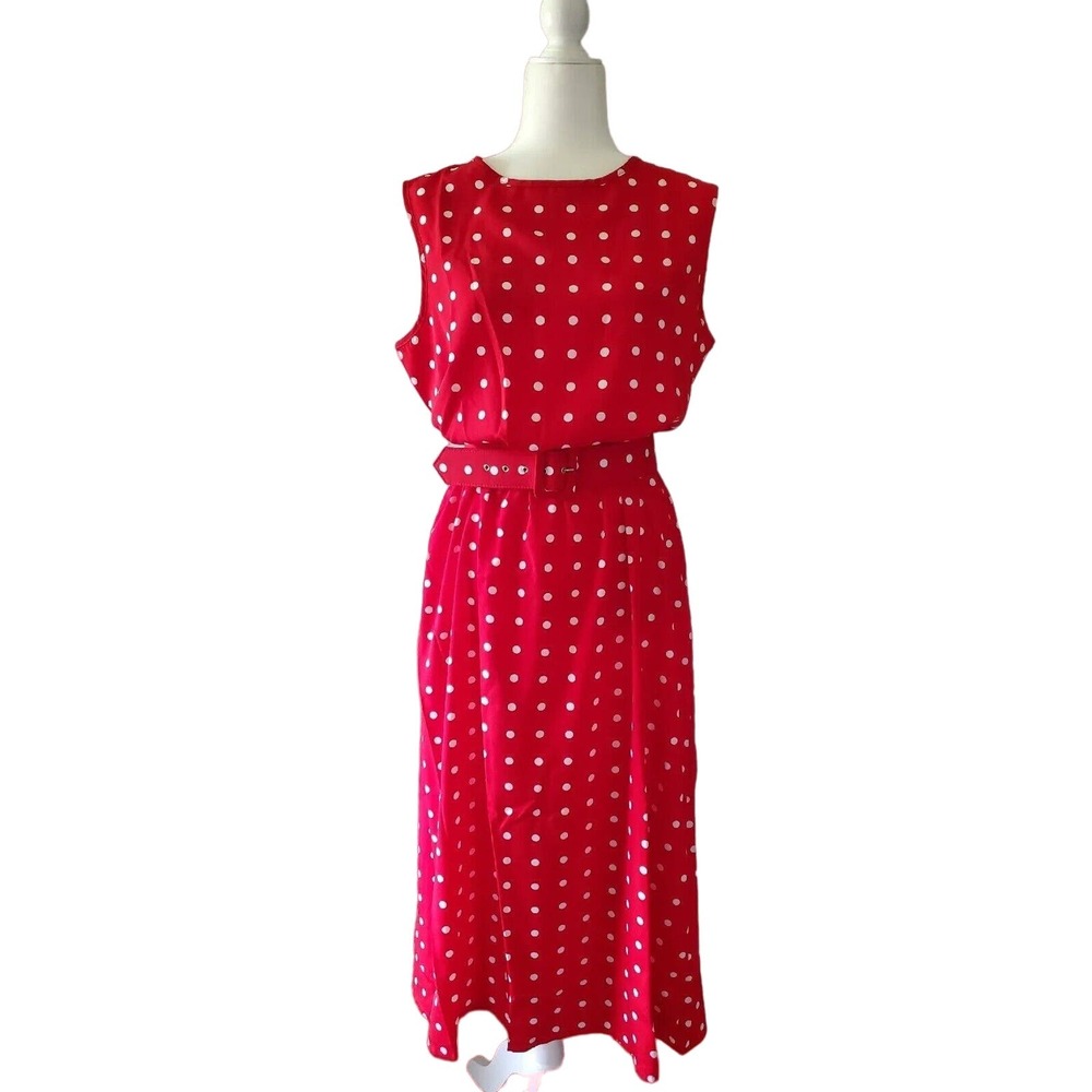 Vtg Blair Sz L Rockabilly Midi Dress Sleeveless Red White Polka Dot Long Belted - Picture 1 of 11